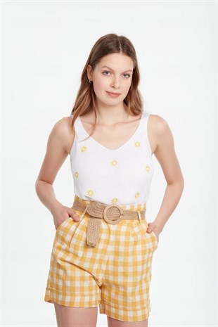Askılı triko sarı papatya desenli ekru bluz ve diğer Bluz/Gömlek modellerimiz için online alışveriş mağazamızı ziyaret edin. 