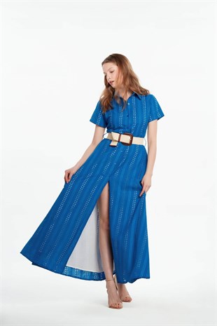 Dik yakalı astarlı uzun brode tasarım elbise mavi