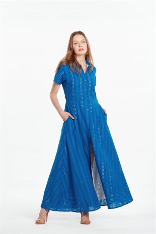 Dik yakalı astarlı uzun brode tasarım elbise mavi ve diğer Elbise modellerimiz için online alışveriş mağazamızı ziyaret edin. 